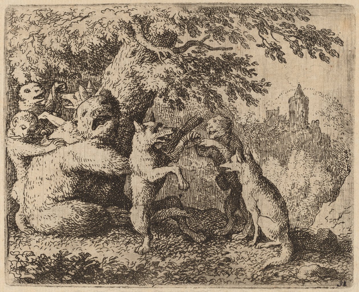Bjørnen og ulven forfølges, sandsynligvis ca. 16451656. af Allart van Everdingen