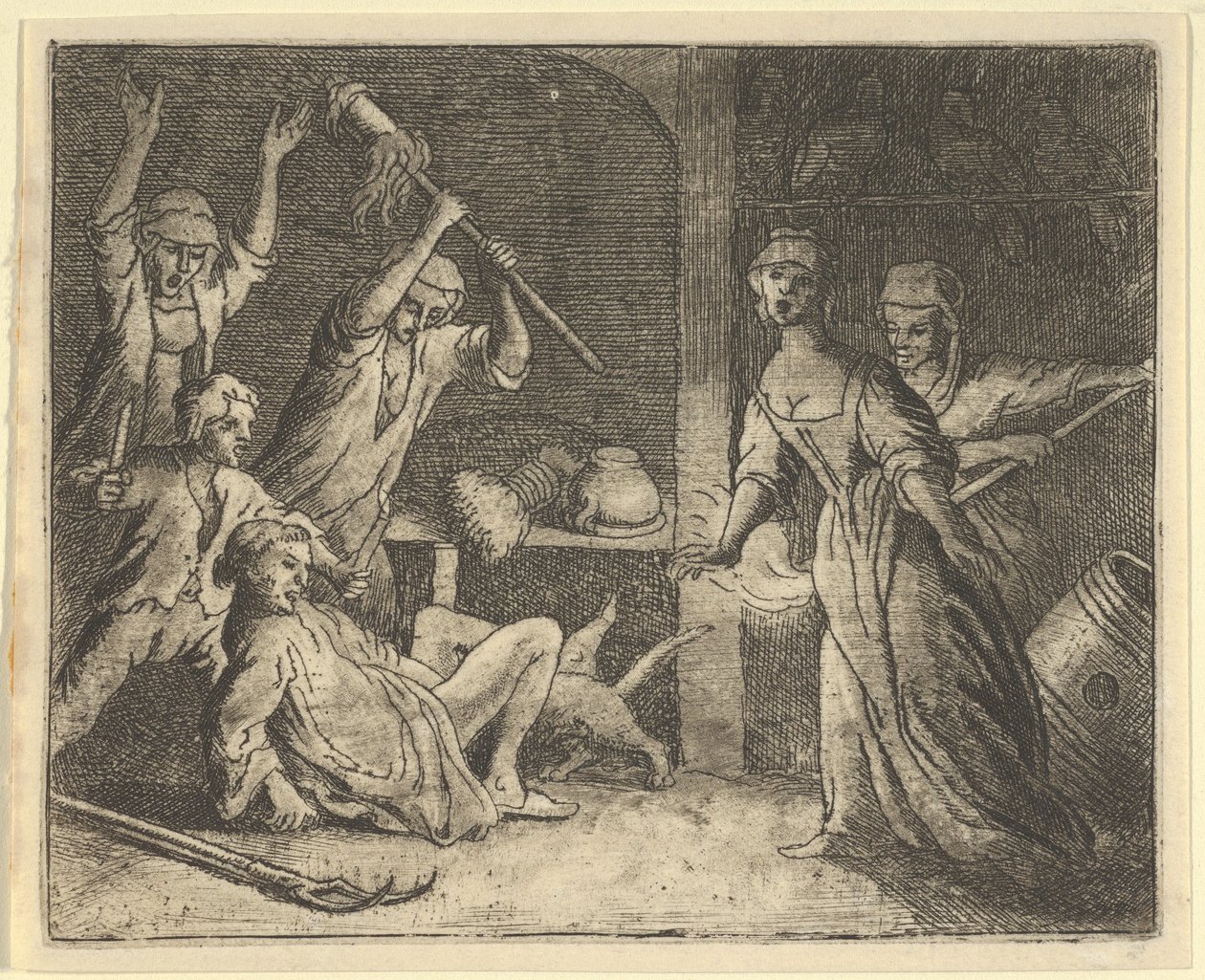 Katten, fanget i en snare, mishandles af folket fra huset, 1650-75. af Allart van Everdingen
