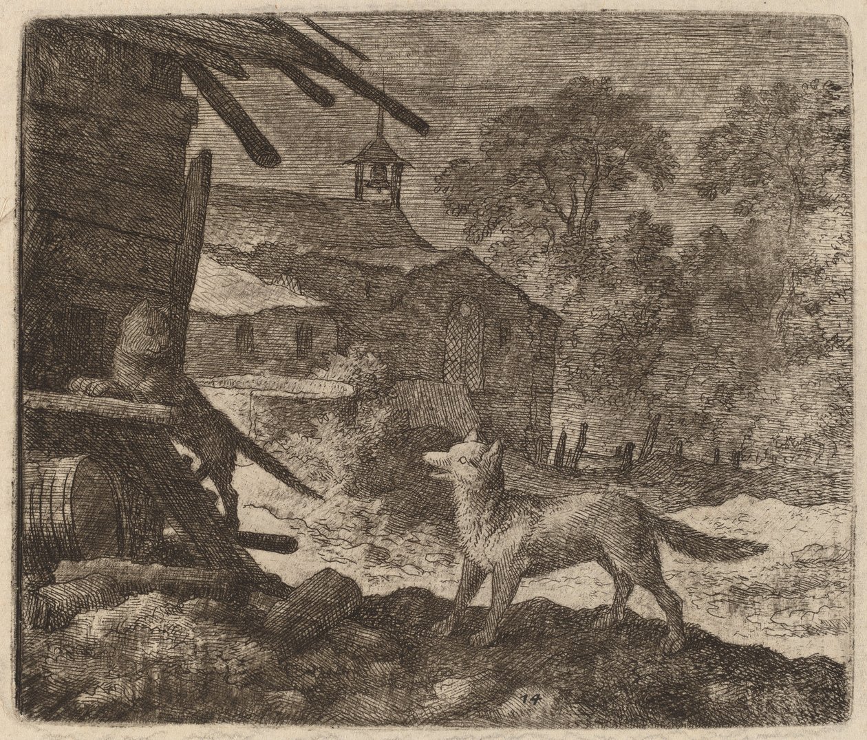 Katten går ind i laden, mens Reynard ser på, sandsynligvis ca. 16451656. af Allart van Everdingen
