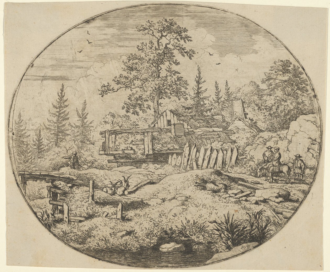 Landskabet med træbroen, 1600-tallet. af Allart van Everdingen