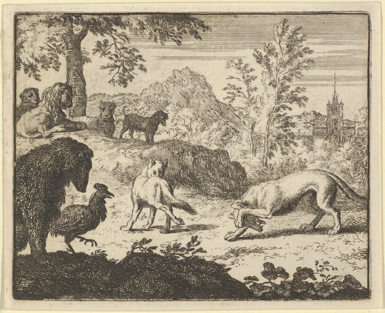 Løven tillader en kamp mellem ulven og Renard, 1650-75. af Allart van Everdingen