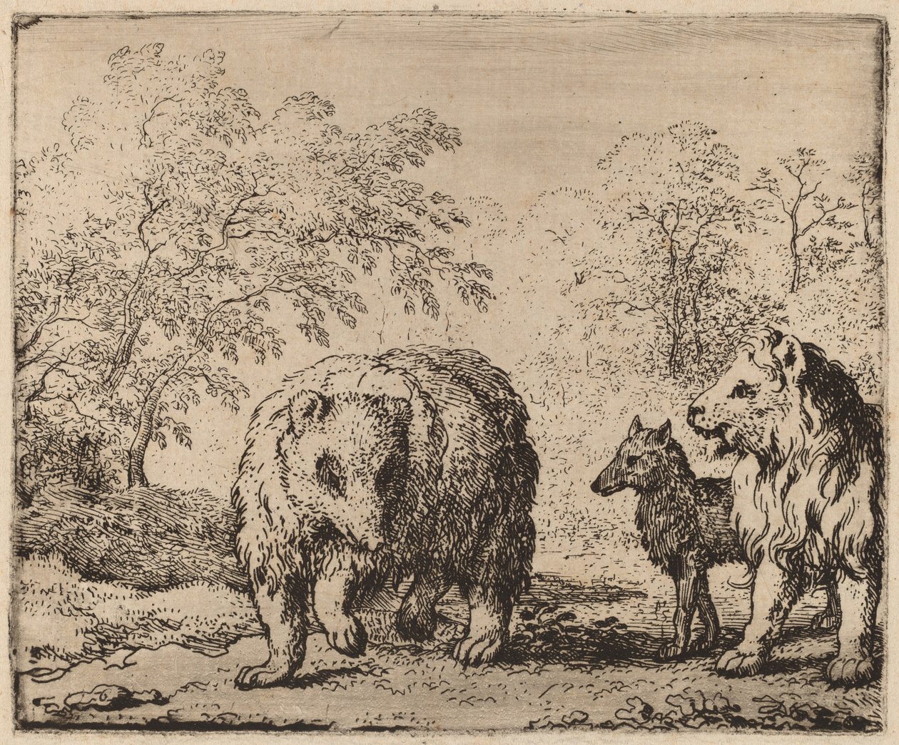 Løven befrier bjørnen og ulven, sandsynligvis ca. 16451656. af Allart van Everdingen