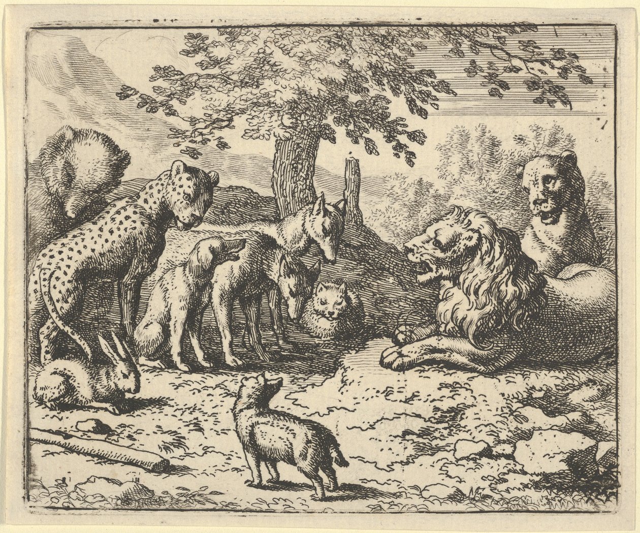 Løven tager de andre dyrs råd til Renards straf, 1650-75. af Allart van Everdingen