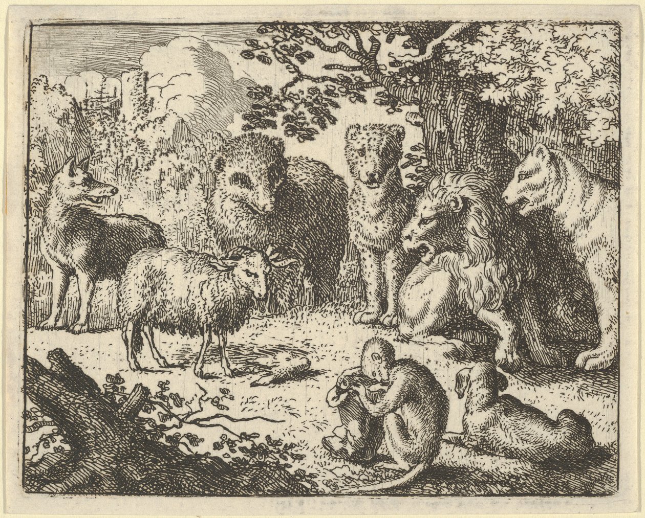 Aben åbner pakken og fjerner kaninens hoved til den store overraskelse for..., 1650-75. af Allart van Everdingen
