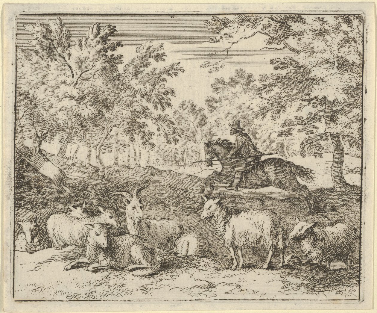 Hyrden på hesteryg jager hjorten, 1650-75. af Allart van Everdingen