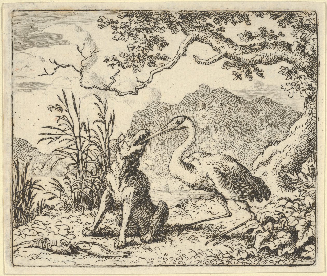 Storken fjerner en knogle fra ulvens hals fra Hendrick van Alcmars Renard The F..., 1650-75. af Allart van Everdingen