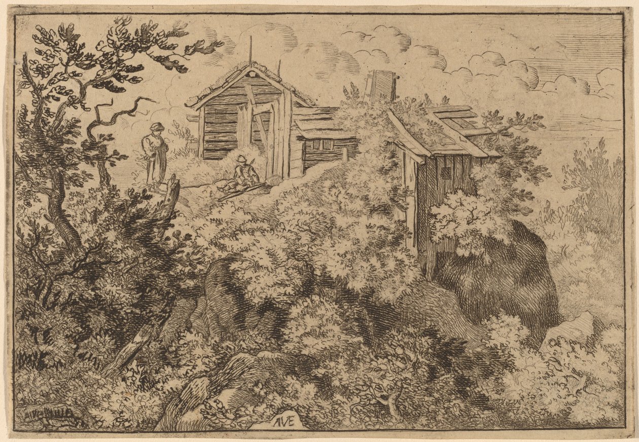Three Cottages on a Rock, sandsynligvis ca. 16451656. af Allart van Everdingen