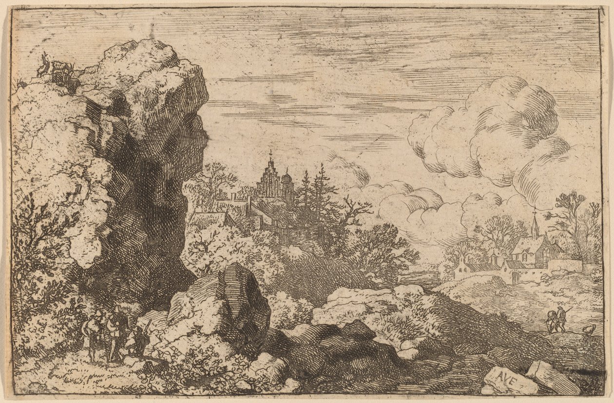 Tre rejsende ved foden af en høj klippe, sandsynligvis ca. 16451656. af Allart van Everdingen