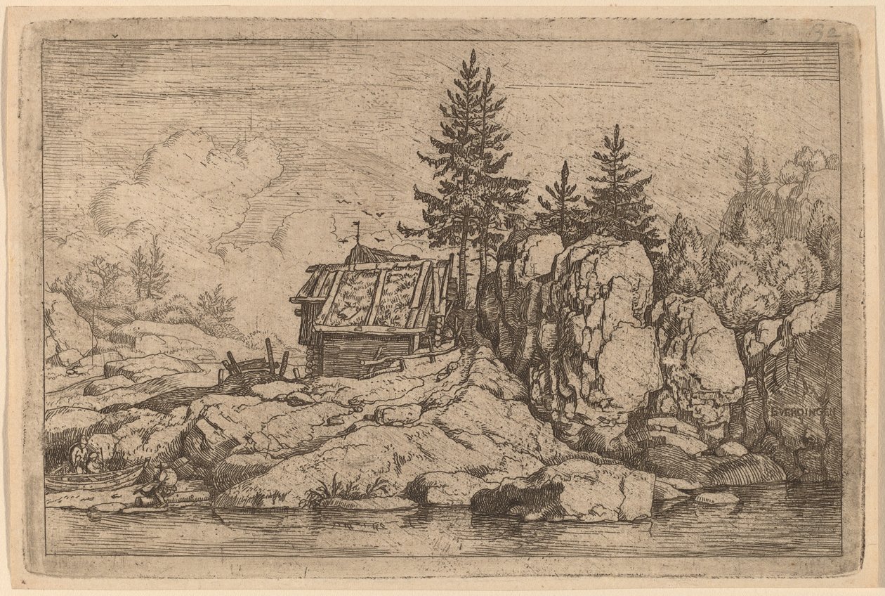 To grantræer nær hytter, sandsynligvis ca. 16451656. af Allart van Everdingen