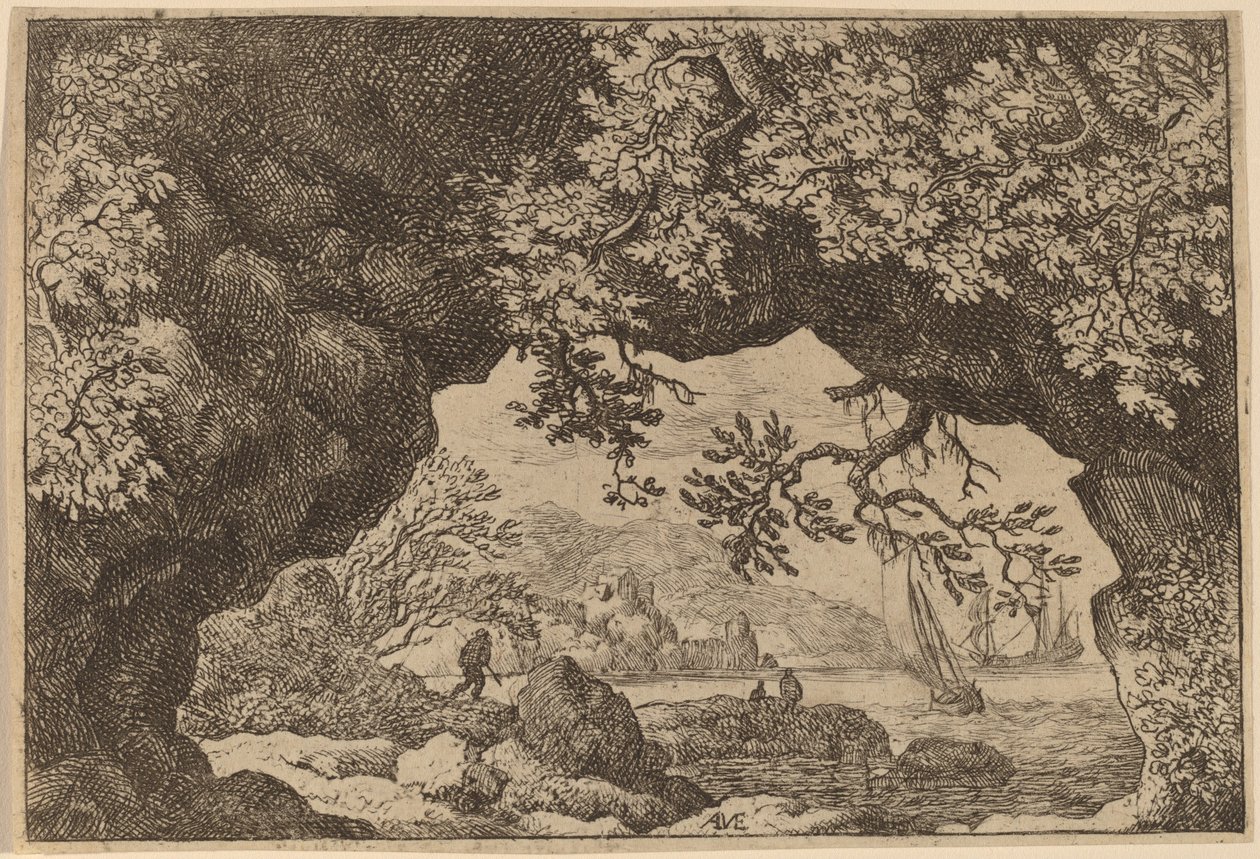 Udsigt gennem en gennemboret klippe, sandsynligvis ca. 16451656. af Allart van Everdingen
