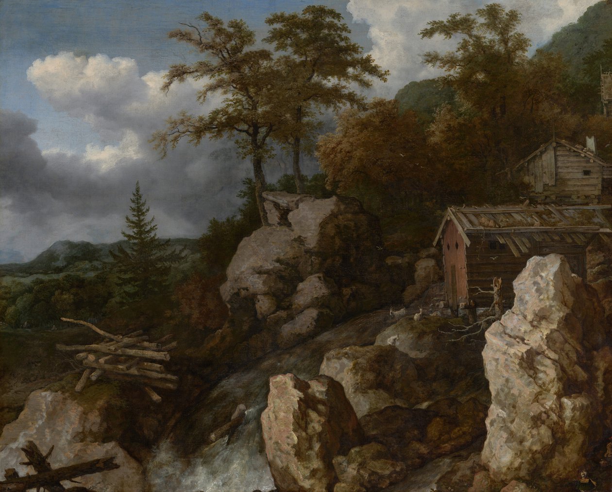Vandfald med bjælkehytter, ca. 1665-1670 (olie på lærred) af Allart van Everdingen