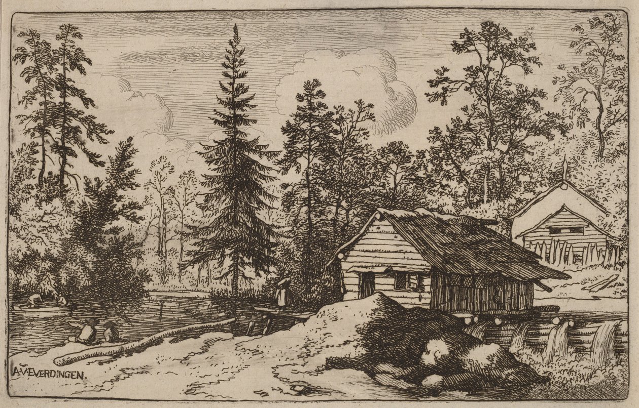 Kvinde i et flodlandskab, der ser mod en båd af Allart van Everdingen