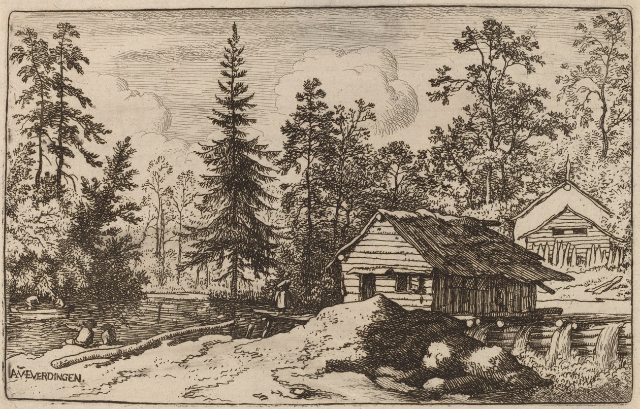 Kvinde i et flodlandskab søger mod en båd, sandsynligvis ca. 16451656. af Allart van Everdingen