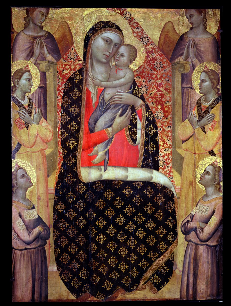 Madonna og barn med seks engle på tronen (panel) af Allegretto Nuzi