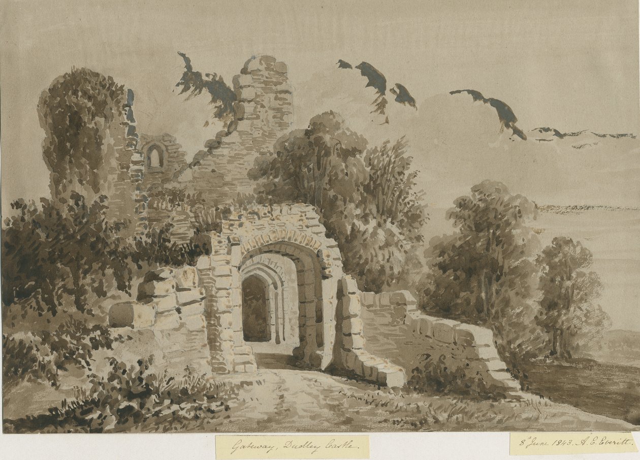 Dudley Castle - The Gateway: rød-sepia vasketegning, 8. juni 1843 af Allen Edward Everitt