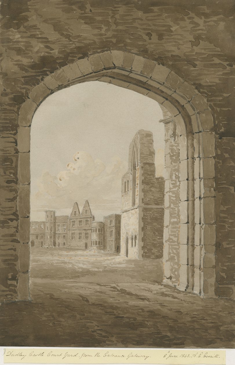 Dudley Castle - The Keep: rød-sepia-tegning, 8. juni 1843 af Allen Edward Everitt