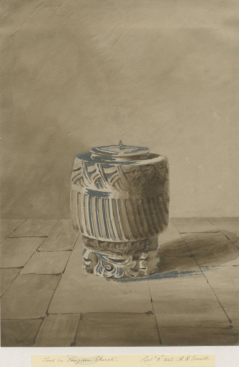 Skrifttype i Longdon Church: sepia vasketegning, 8. september 1842 af Allen Edward Everitt