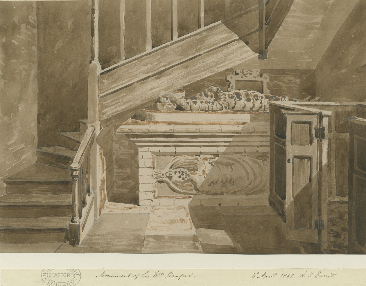 Handsworth - Monument of Sir William Stanford: sepia-tegning, 6. april 1842 af Allen Edward Everitt