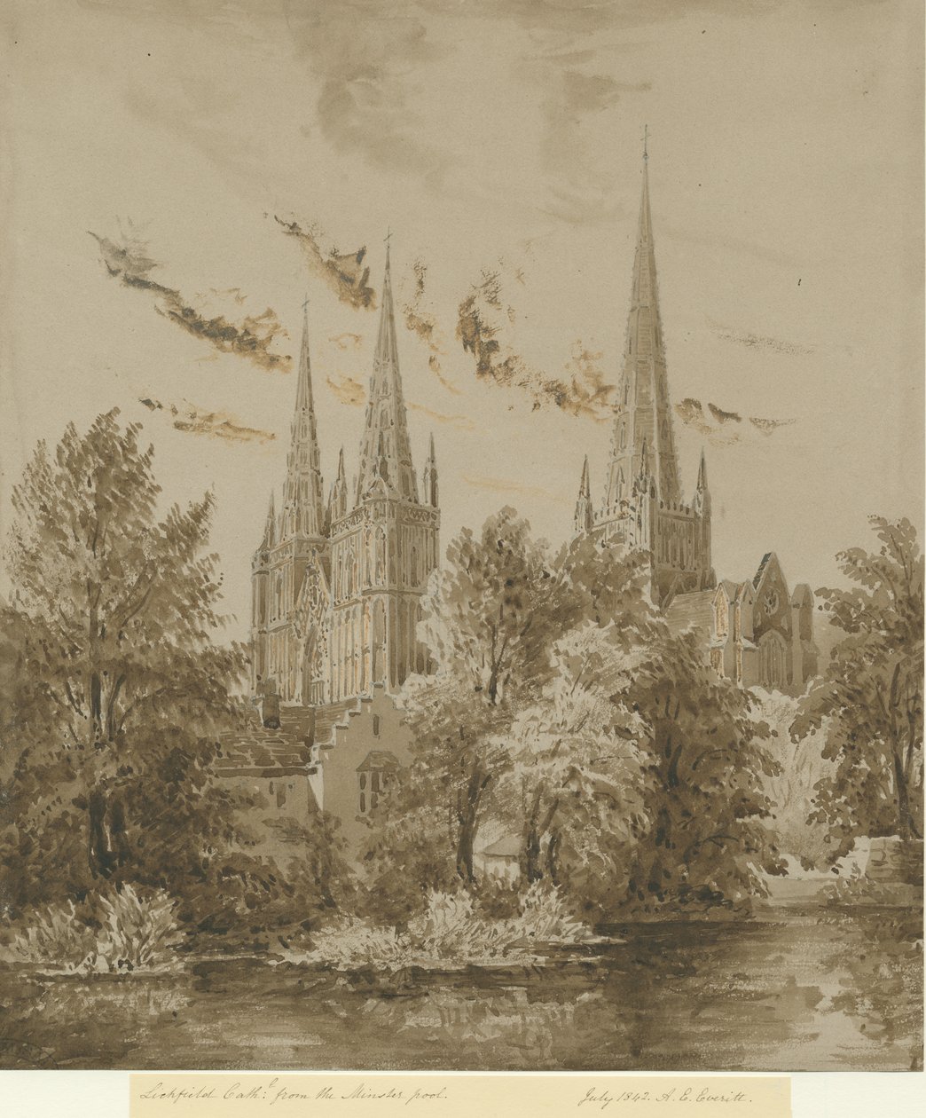 Lichfield Cathedral - South West View: sepia-tegning, juli 1842 af Allen Edward Everitt