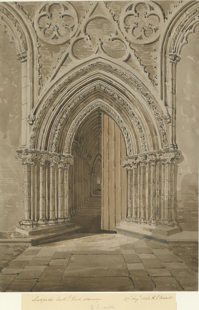 Lichfield Cathedral - West Doorway: rød/brun sepia-tegning, 27. august 1842 af Allen Edward Everitt