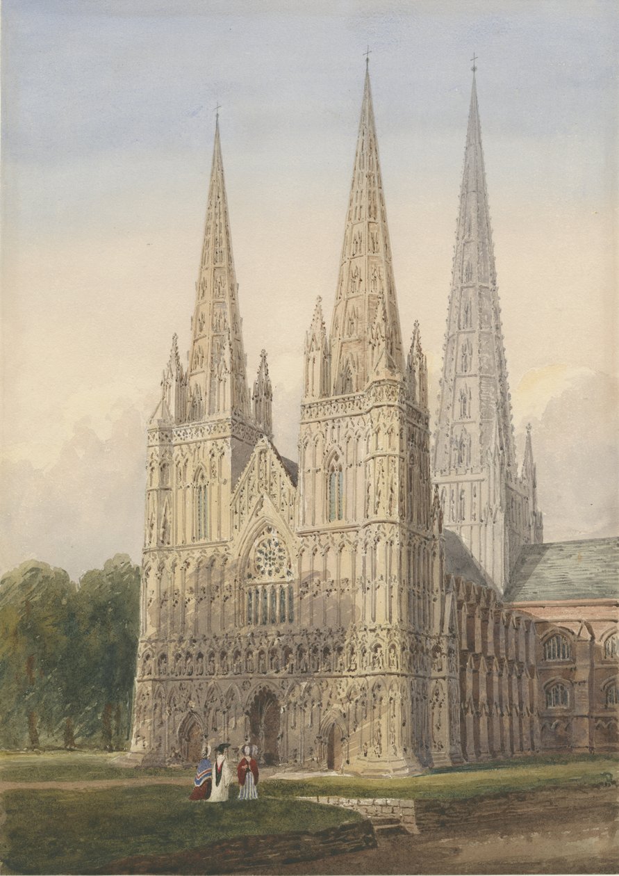 Lichfield Cathedral - West Front: vandfarvemaleri, nd [6. sep. 1842] af Allen Edward Everitt