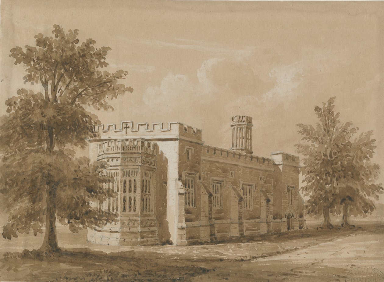 Tixall - Kapel i Tixall Hall: rød-sepia vasketegning, nd [jul 1842] af Allen Edward Everitt