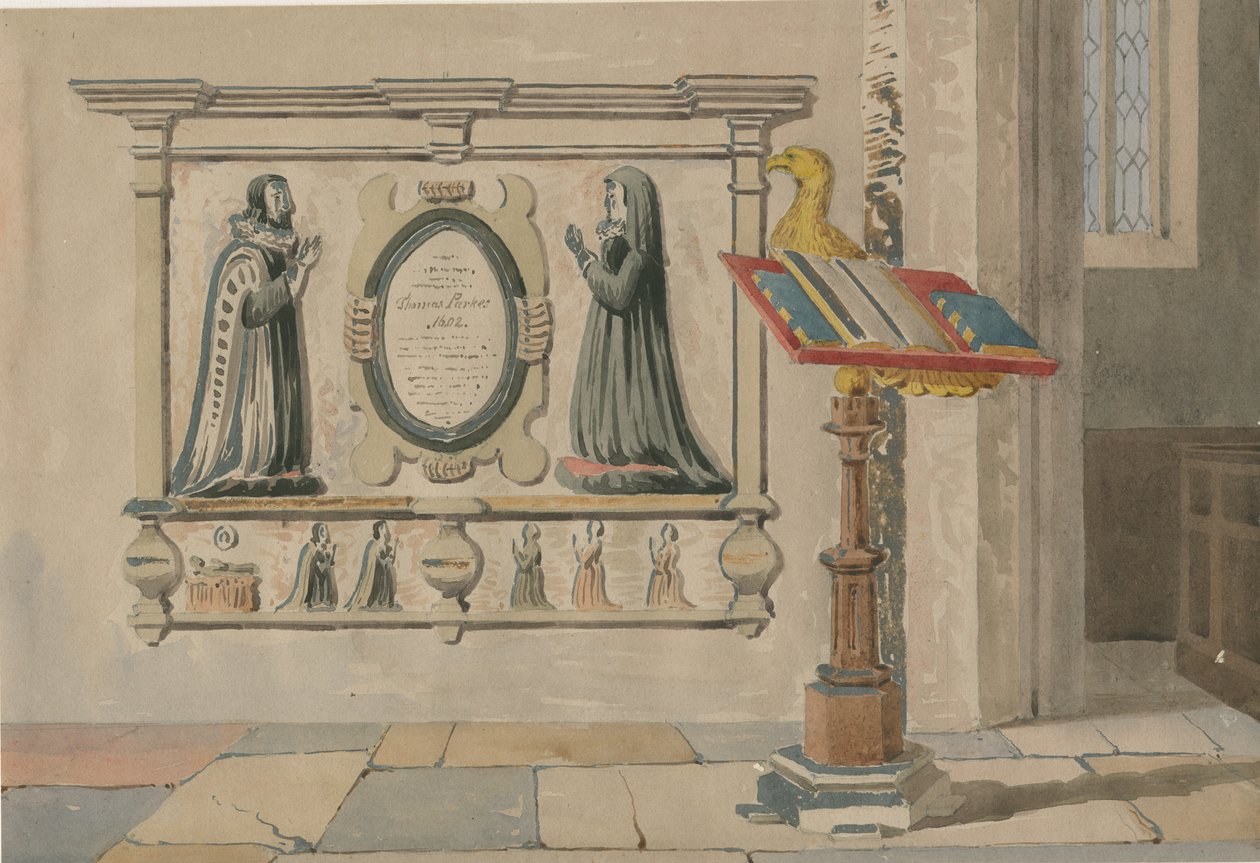 Wednesbury Church - Monument til Thomas og Eleanor Parkes: vandfarvemaleri, 23. marts 1843 af Allen Edward Everitt