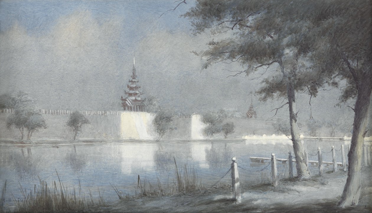 Moaten ved Mandalay i måneskin, 1924 (wc på papir) af Alma Claude Burlton Cull