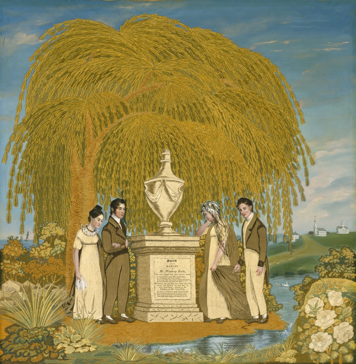 Broderet mindebillede, ca. 1815-1820 (silketaft, silke- og silketråde og akvareller) af Almira attr.to Earle