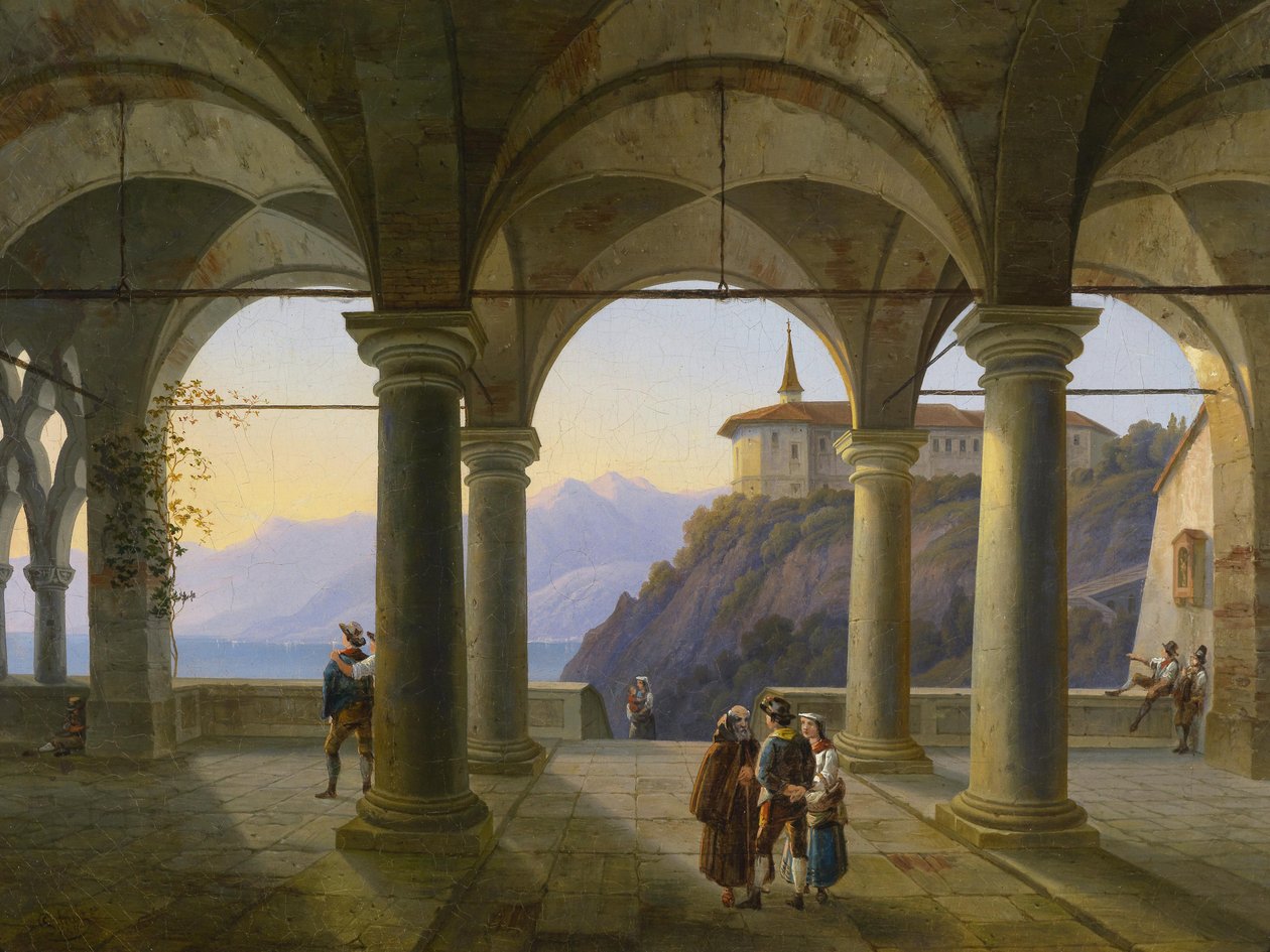 Søjletorv med figurativ staffage og udsigt over en bjergsø af Alois Gustav Schulz