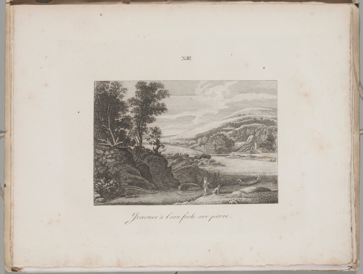 Litografiens kunst: Flodlandskab, plade XIII af Alois Senefelder