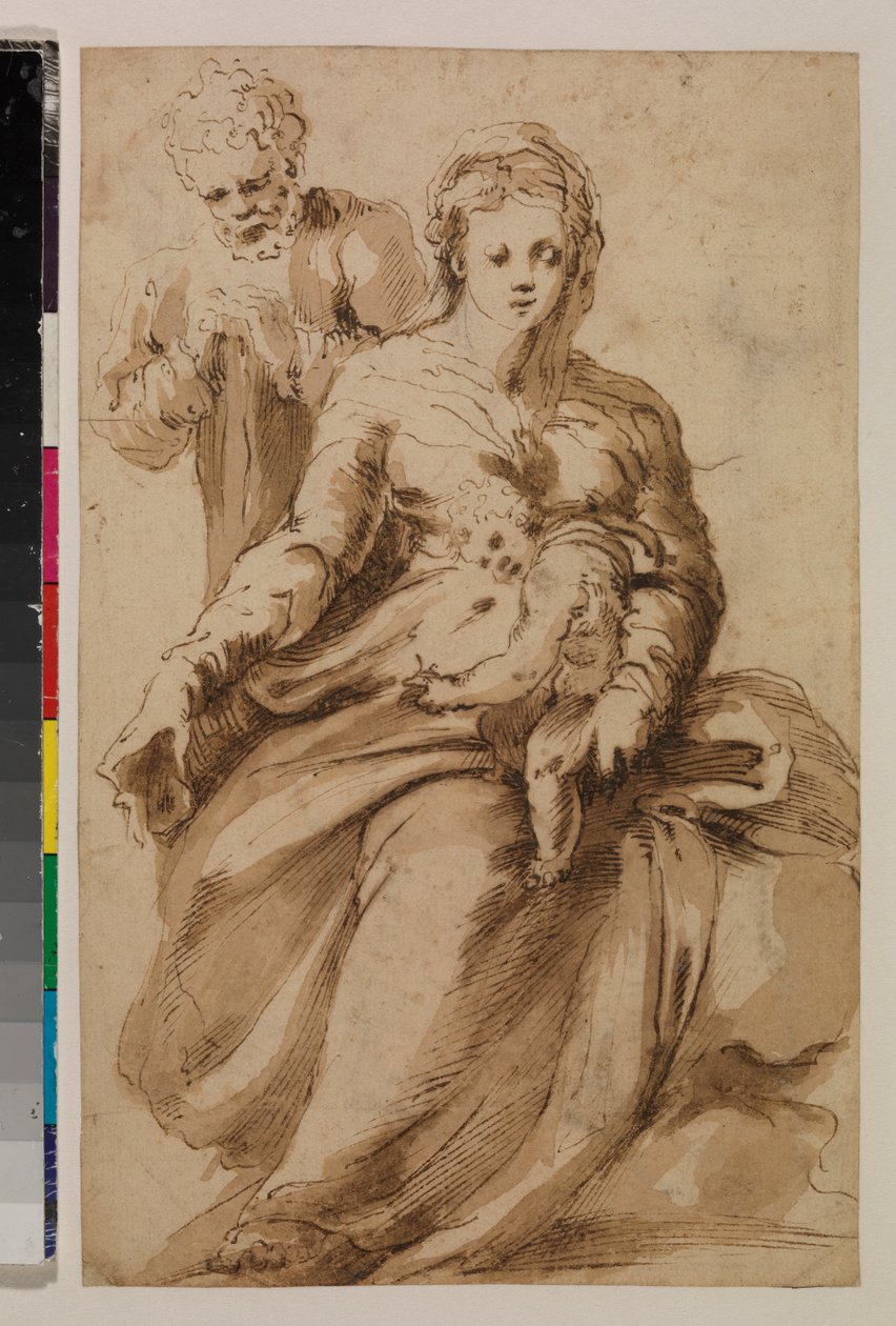 Holy Family (recto) c.1537 (spor af sort kridt, kuglepen og brunt blæk og brun vask på lagt papir) [se 5948316] af Alonso (workshop of) Berruguete