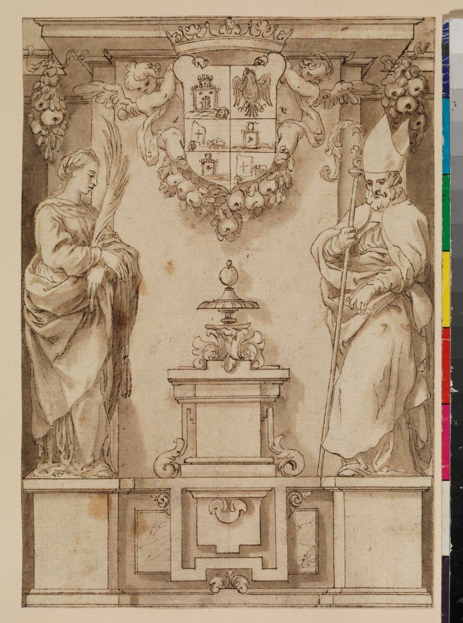 Design til et titelblad med to helgener på piedestaler og et imaginært spansk våbenskjold, 1600-tallet af Alonso Cano