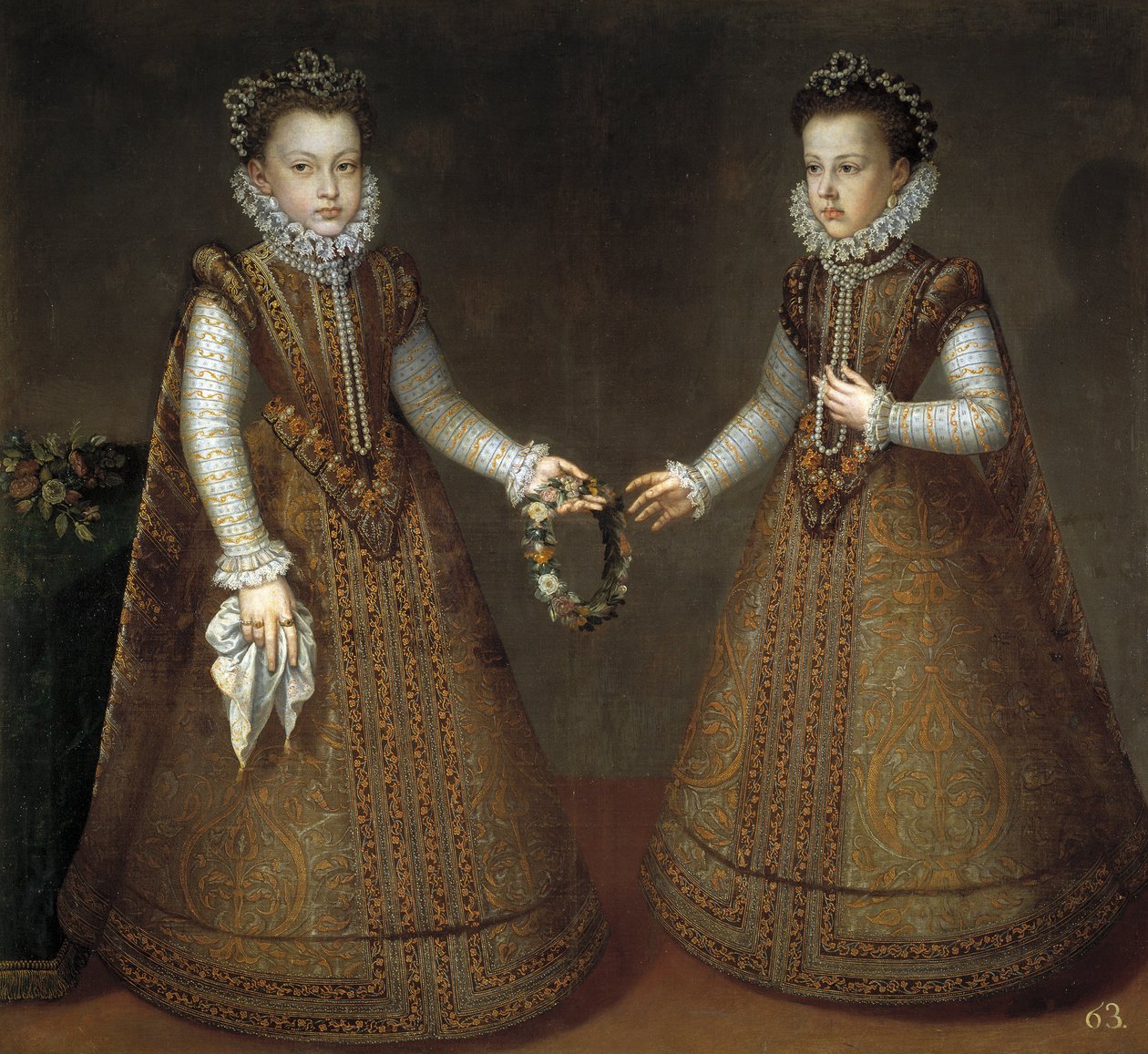 Infantas Isabel Clara Eugenia (Isabelle Claire Eugenie af Østrig) (1566-1633) og Catherine Michelle af Spanien (1567-1597) (Catherine Michelle af Østrig) af Sanchez Coello, Alonso (1531-1588), ca. 1575 - Olie på lærred af Alonso Sánchez Coello