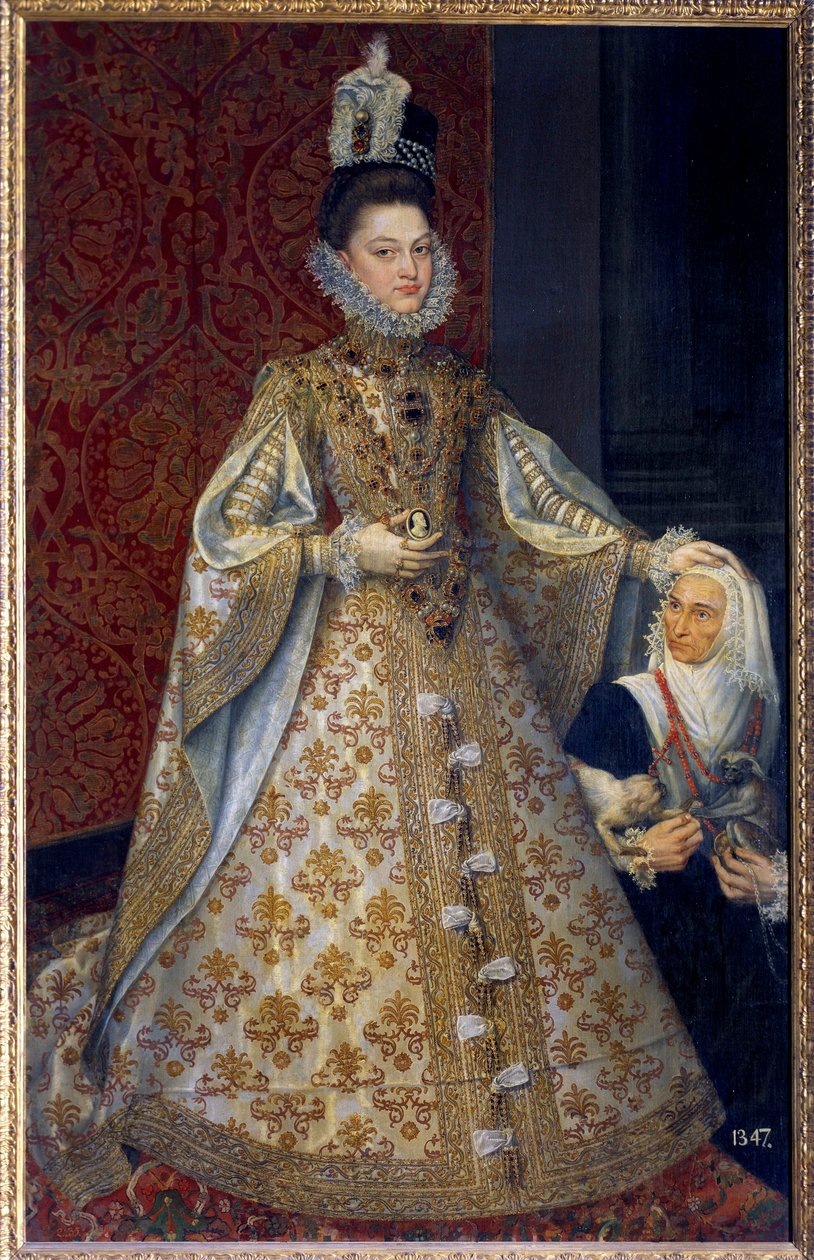 Portræt ved foden af Spædbarnet i Spanien Isabelle Clara Eugenie af Habsburg, suveræn over Holland og Magdalena Ruiz Maleri af Alonso Sanchez Coello (1531-1588) Søn. 1,29 X 2,07 m. 1585. Madrid. Musee du Prado - Portræt af spædbarnet i fuld længde af Alonso Sánchez Coello