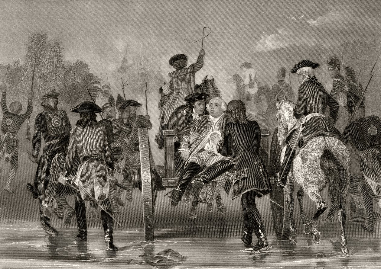 Dødeligt sårede general Edward Braddock trækker sig tilbage fra Monongahela-floden i 1755 efter et angreb fra franske og indiske styrker, fra 