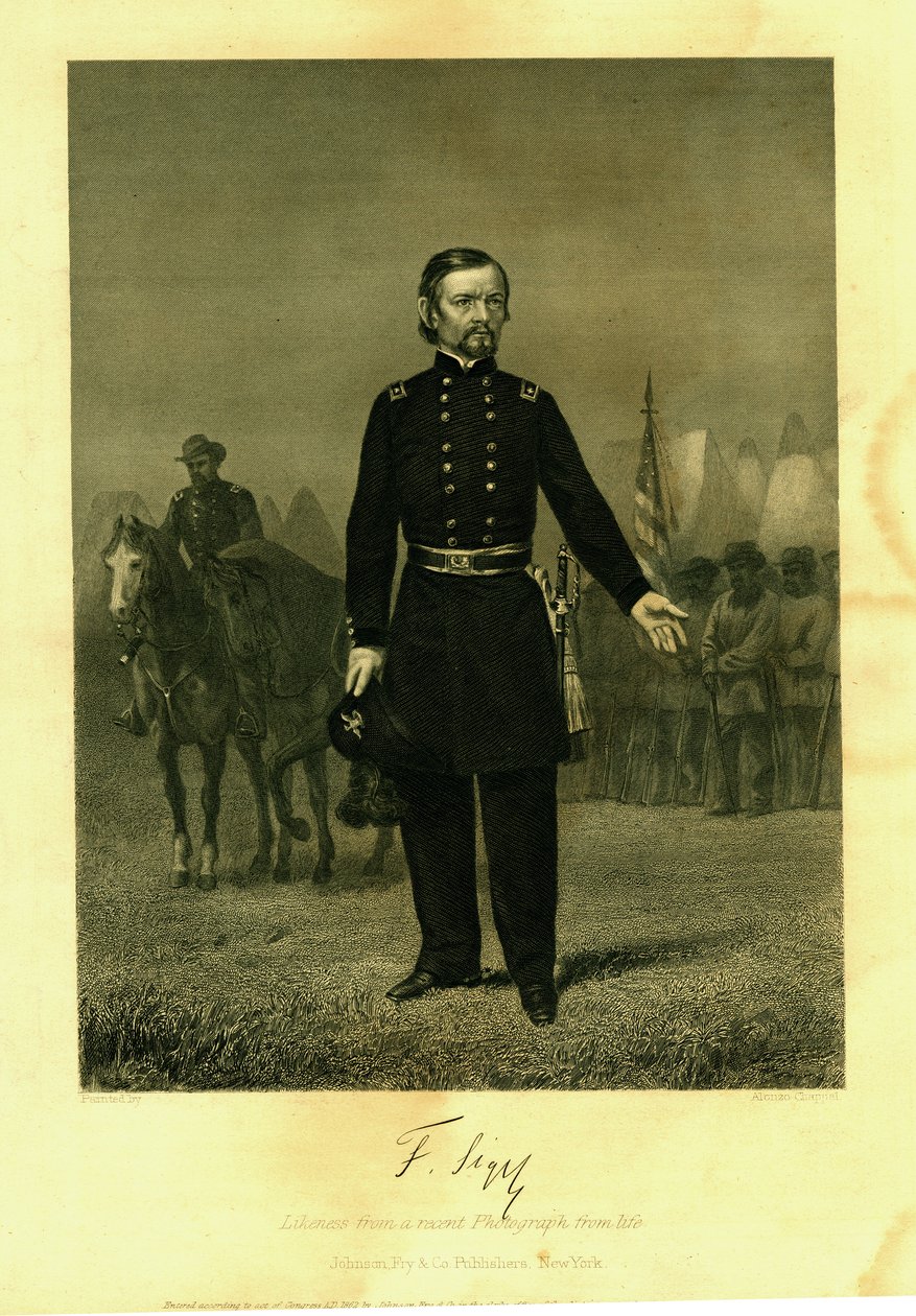 Print af general Siegel i uniform med et sværd. Soldater med et kampflag af Alonzo Chappel