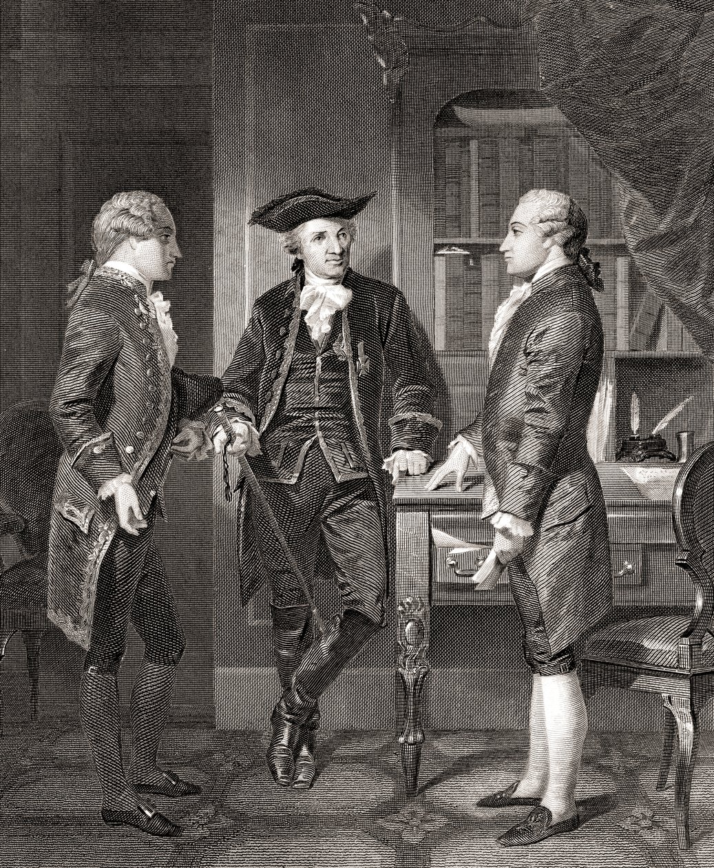 Johann Henry Jules Alexandre von Robaii, Baron de Kalb introducerer Lafayette til Silas Deane, fra Life and Times of Washington, bind 1, pub. i 1857 af Alonzo (after) Chappel