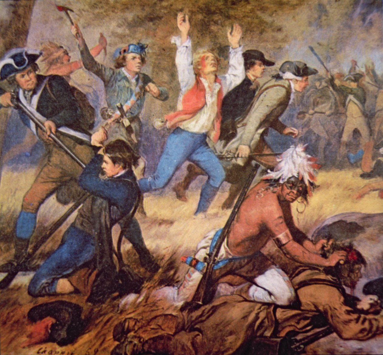 Massakren i Wyoming Valley i juli 1778 (farve litho) (detaljer) af Alonzo (after) Chappel