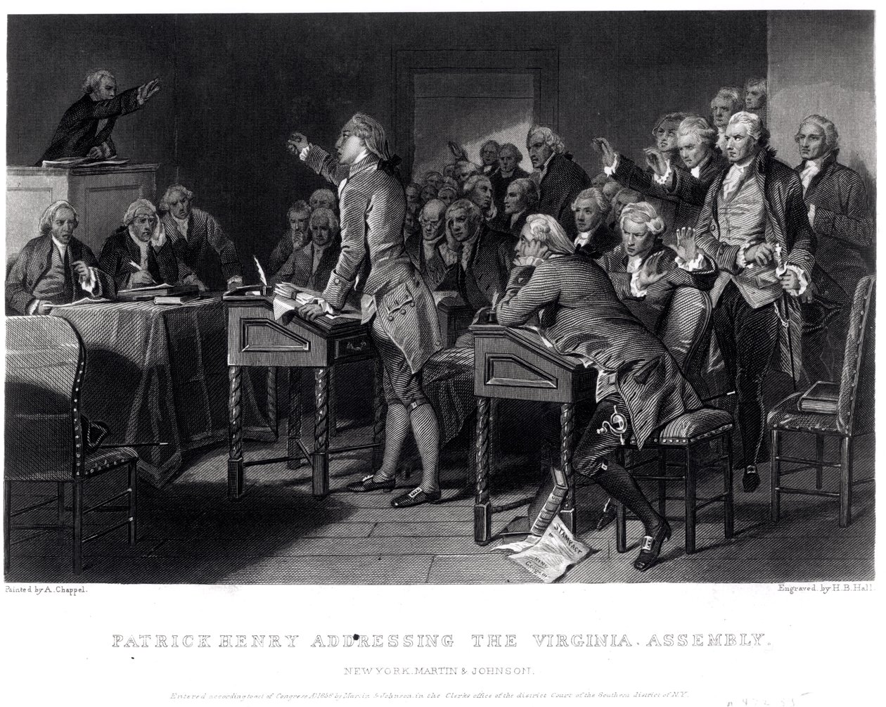 Patrick Henry taler til Virginia-forsamlingen, marts 1775 indgraveret af Henry Bryan Hall (1808-84), 1856 af Alonzo Chappel