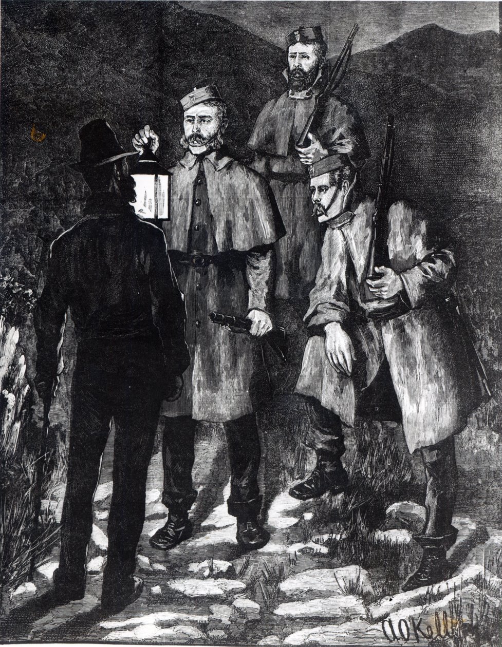 Irlands tilstand: Politipatrulje udfordrer en mistænkt person, fra "The Illustrated London News", ca. 1880 af Aloysius C. O