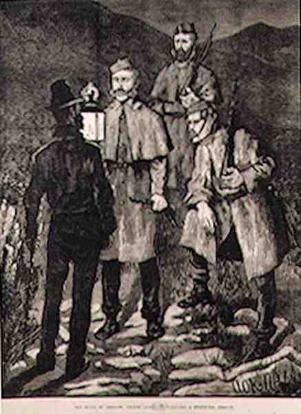 Staten i Irland: Politipatrulje udfordrer en mistænkt person, fra The Illustrated London News, 8. juni 1881 af Aloysius C. OKelly