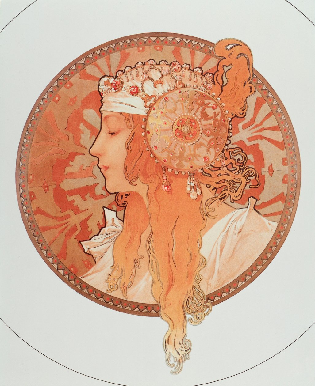 Blonde litografiserie "" byzantinske hoveder"" af Alphonse Mucha (1860-1939), 1897 - "" Blonde" Fra en serie af litografier kaldet "" byzantinske hoveder"" af Alphonse Mucha, 1897 Diam 50 cm Privat kollektion af Alphonse Mucha