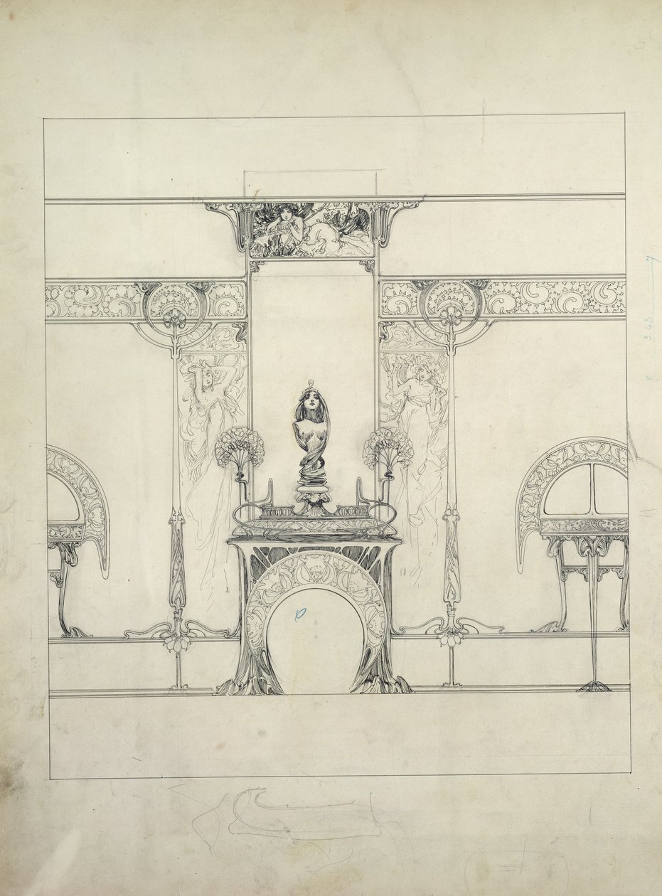Design til indretningen af Fouquet-juvelererne, 6 rue Royale, Paris af Alphonse Mucha
