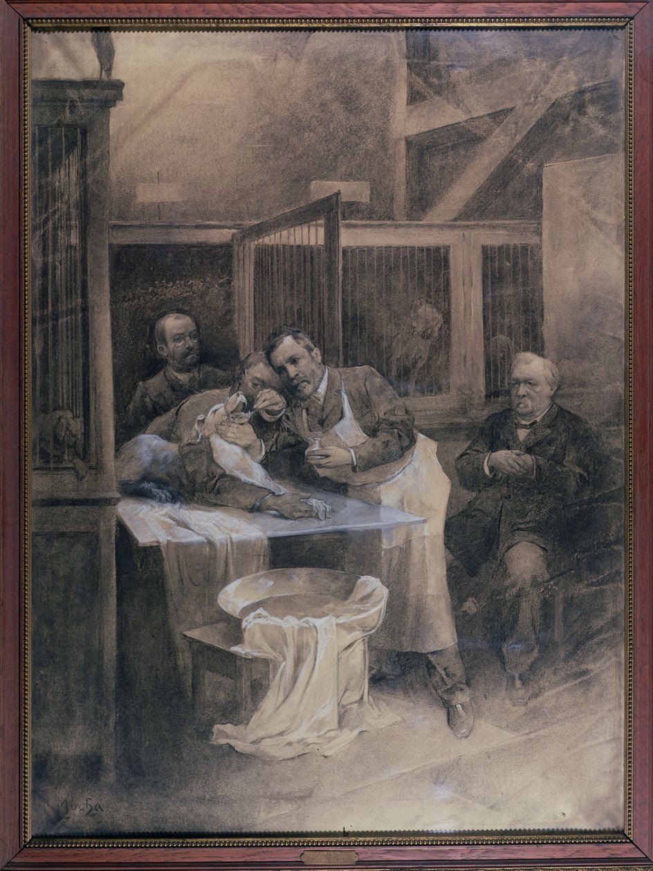 Louis Pasteur (1822-95) tager en prøve af skum fra en rabiat hund (kul) af Alphonse Mucha