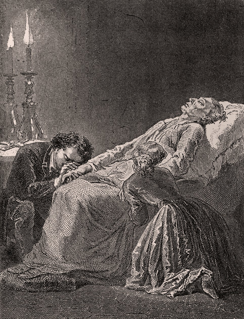 Jean Valjeans død mellem Cosette og Marius - illustration fra Les Misérables, 1800-tallet (bw-gravering) af Alphonse Marie de Neuville