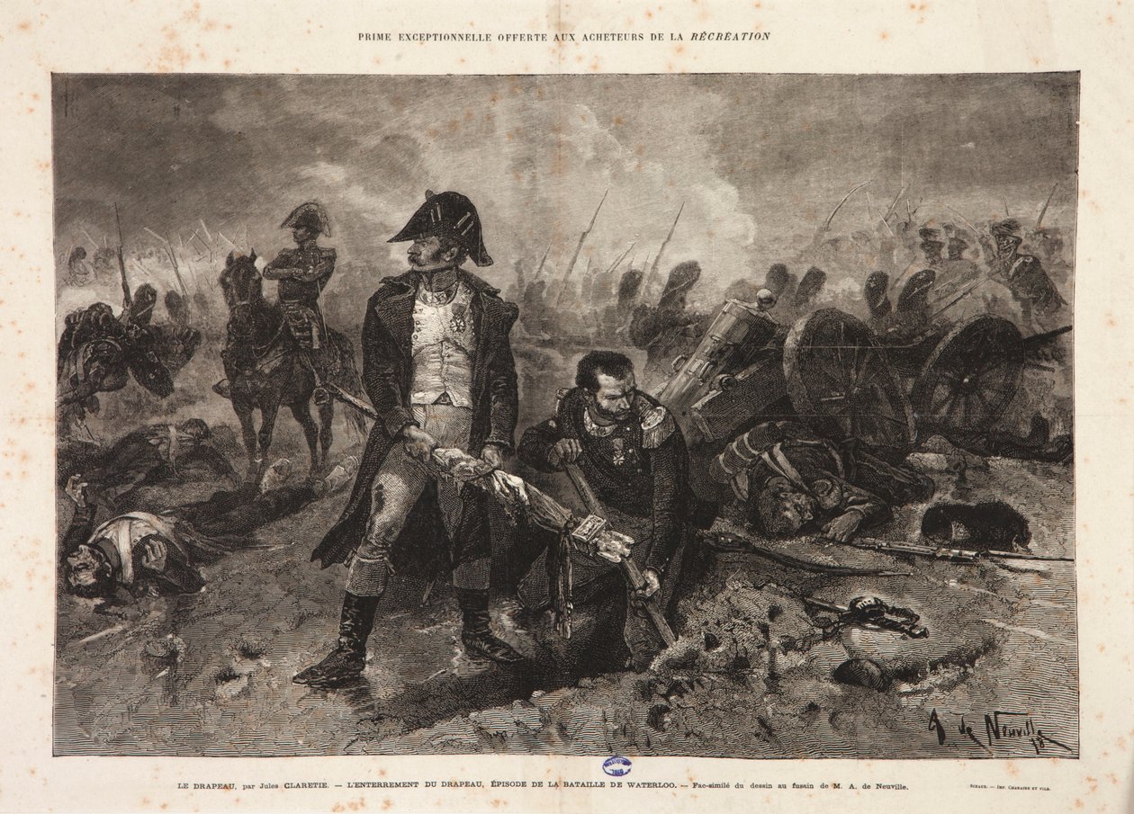 The Burial of the flag, episode af slaget ved Waterloo, indgraveret af Jules Claretie, 1879 af Alphonse Marie de Neuville