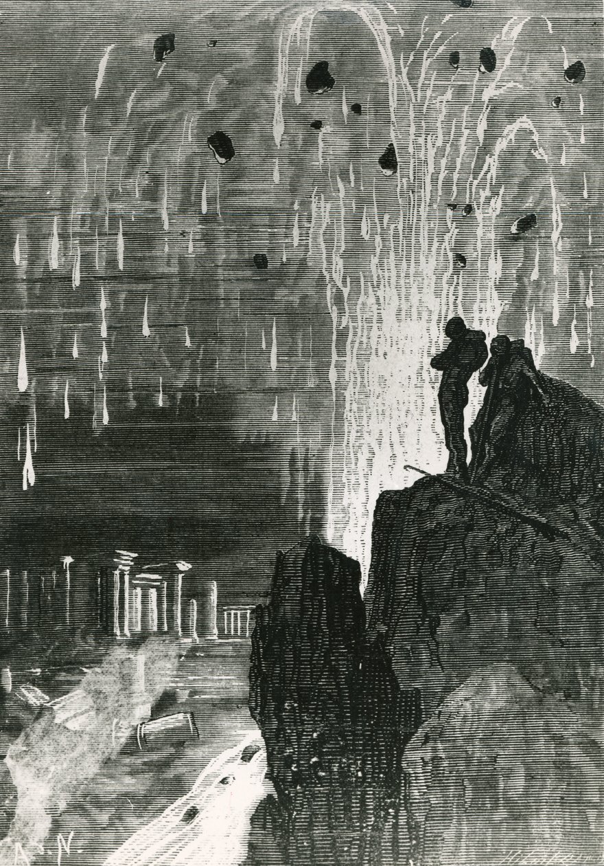 For øjnene af mig viste der sig en ødelagt by, fra "20.000 sømil under havet" af Jules Verne (1828-1905), graveret af Henri Theophile Hildibrand (1824-97) 1877 af Alphonse Marie de Neuville