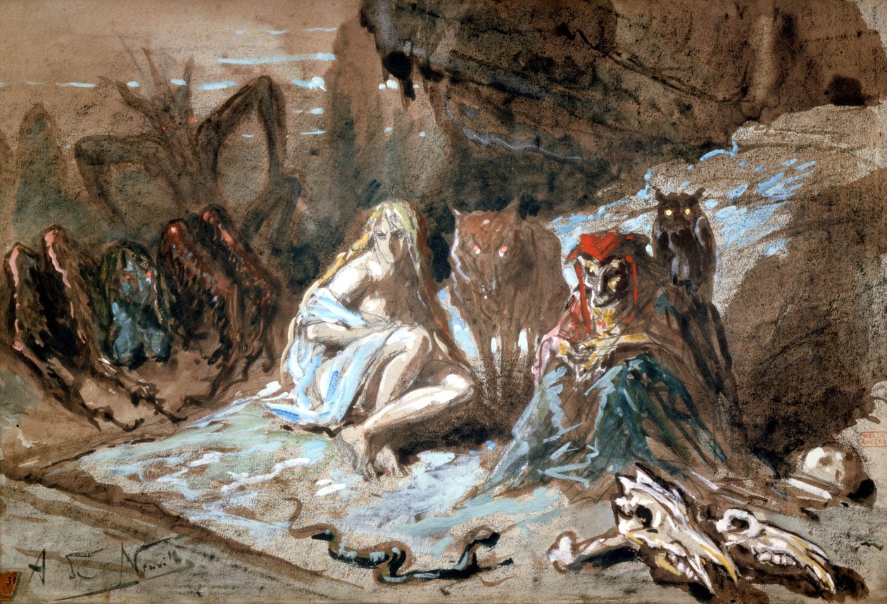 Hekse og ulve, illustration til The Damnation of Faust af Berlioz (wc på papir) af Alphonse Marie de Neuville