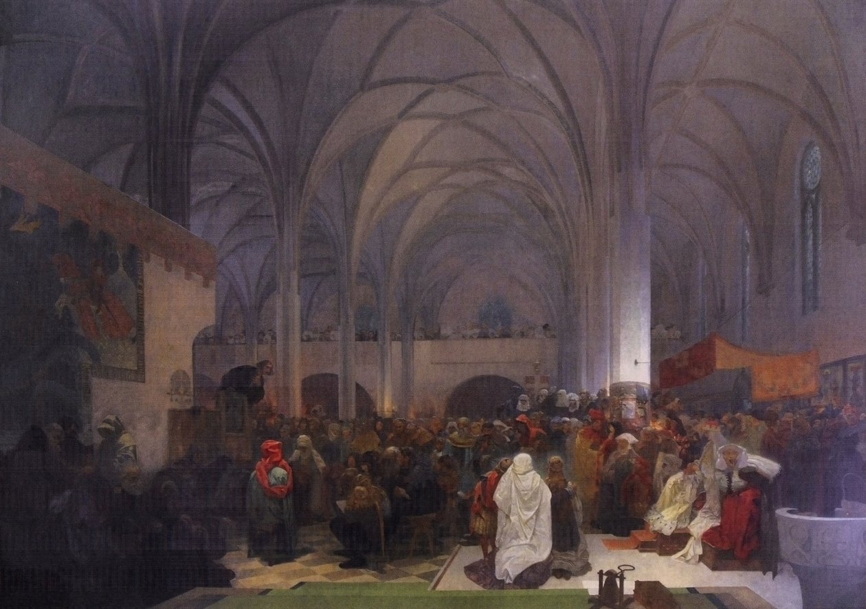  Kazani Mistra Jana Husa v kapli Betlemske: Pravda vitezinEnglish: Master Jan Hus Preaching at the Bethlehem Chapel: Master Jan Hus Preaching at te Bethlehem Chapel: Truth Prevailsn af Alphonse Mucha